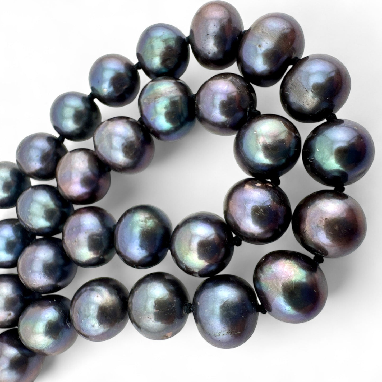 Peacock Cultured Pearl Necklace - Black Pearls - Hand Knotted - Collar Length - Silver Plated Clasp