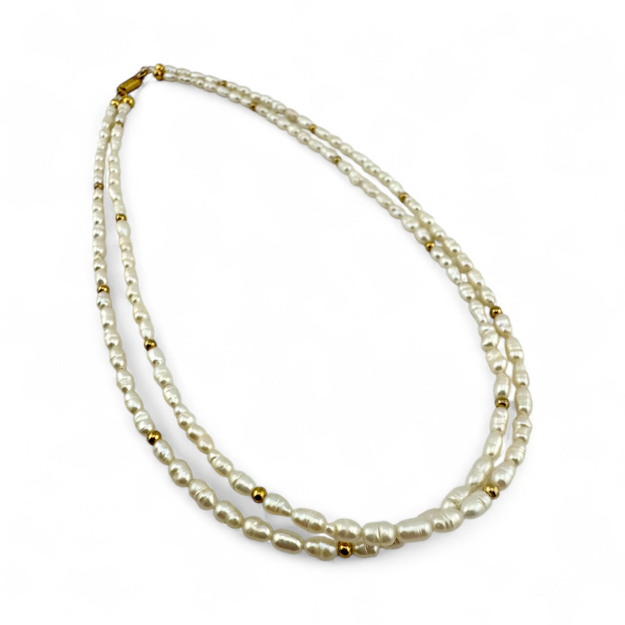 Cultured Pearl Double Strand Necklace with Gold Plated Beads