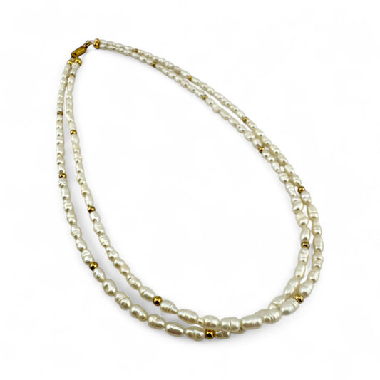 Cultured Pearl Double Strand Necklace with Gold Plated Beads