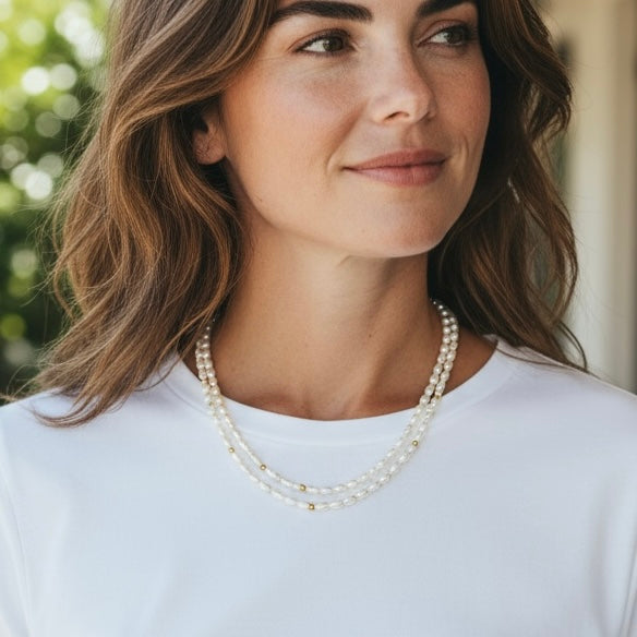 Cultured Pearl Double Strand Necklace with Gold Plated Beads