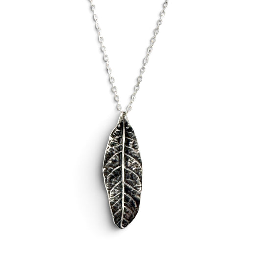 Handmade recycled fine silver leaf necklace, detailed front view