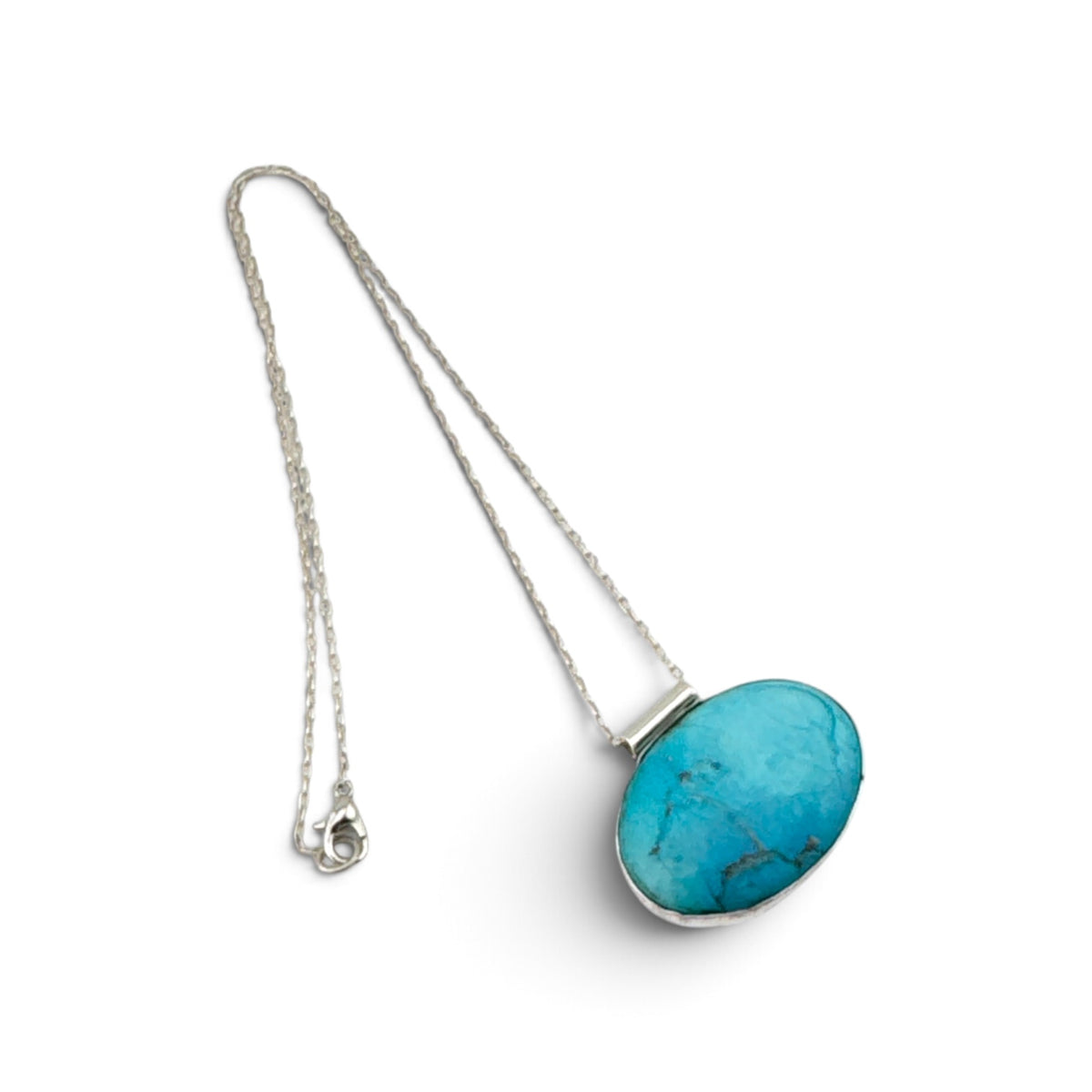 Fine recycled sterling silver chain and clasp with handmade blue stone pendant